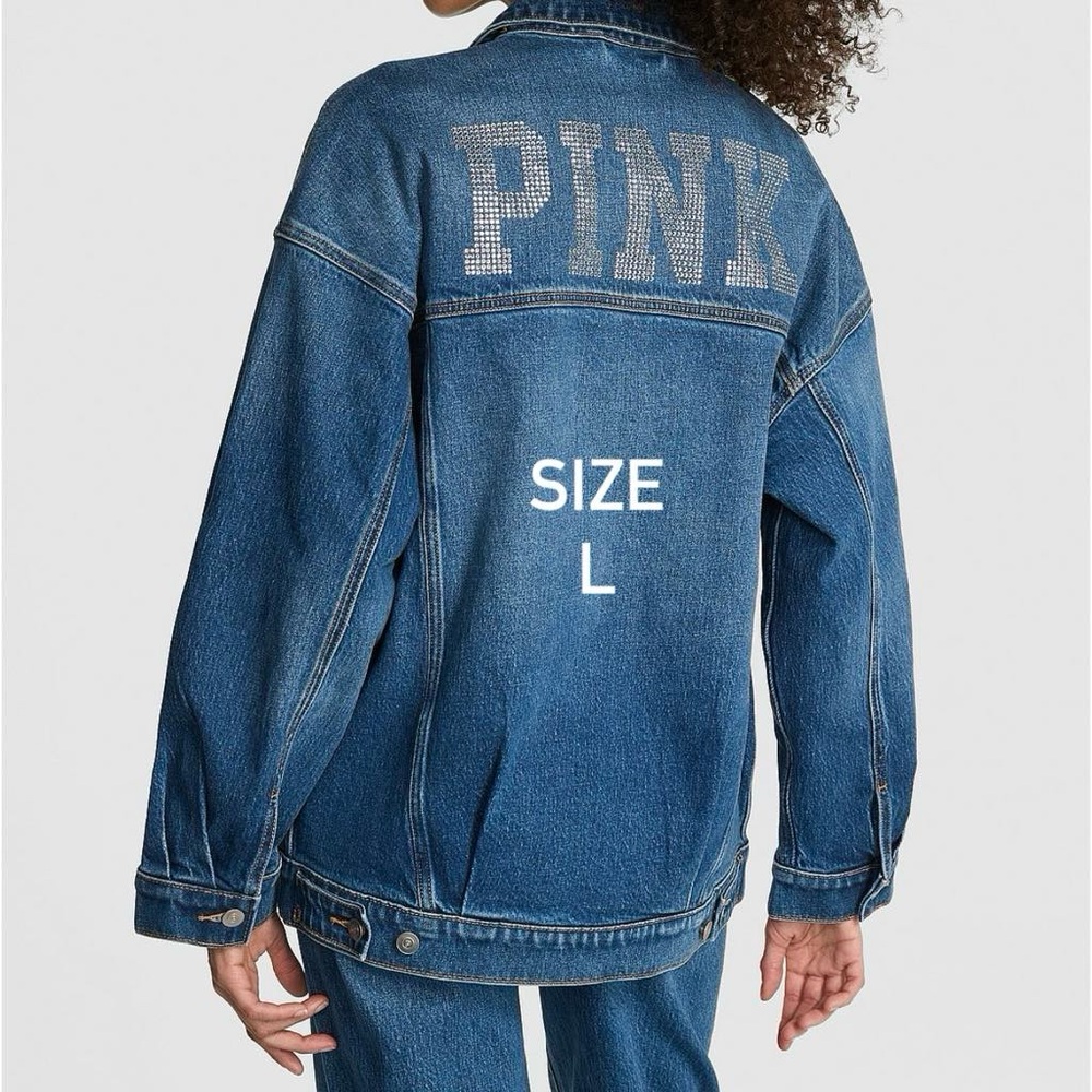 VS PINK DENIM TRUCKER JACKET IN LIMITED EDITION BLUE WASH BLING LOGO SIZE LARGE